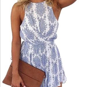 Blue and white patterned romper
